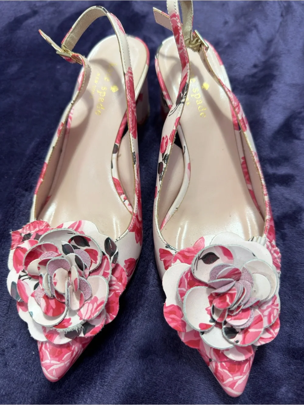 Kate Spade Pink Floral Pointed Slingback Heels with Rose Appliqués